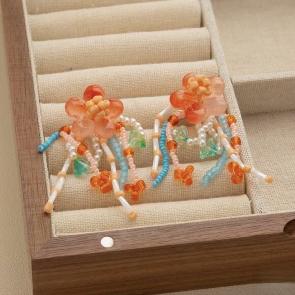 NEW Evaline Colorful Beaded Flower Statement Earrings Red Blue Pink - Picture 3 of 4